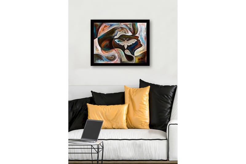 Inramad Canvastavla i trä - 41x56 cm - Abstrakt porträtt med en fjäril i fokus - Mörkbrun / Beige / Turkos - Inredning & dekor - Tavlor & konst