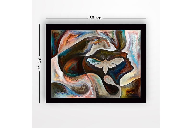 Inramad Canvastavla i trä - 41x56 cm - Abstrakt porträtt med en fjäril i fokus - Mörkbrun / Beige / Turkos - Inredning & dekor - Tavlor & konst