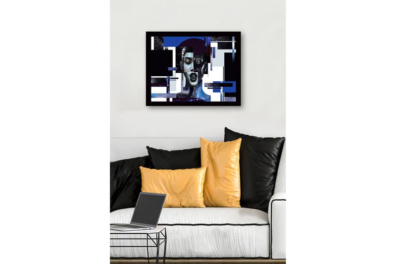 Inramad Canvastavla i trä - 41x56 cm - Abstrakt porträtt av en kvinna med geometriska former och starka kontraster - Mörkblå / Svart / Vit - Inredning & dekor - Tavlor & konst