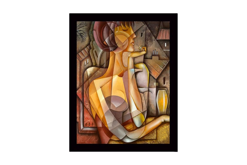 Inramad Canvastavla i trä - 41x56 cm - Abstrakt porträtt av en kvinna med geometriska former, Guld / Brunt / Beige