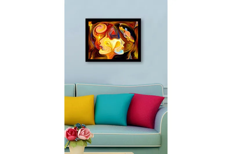 Inramad Canvastavla i trä - 41x56 cm - Abstrakt porträtt av två ansikten med kosmiska element - Guld / Orange / Brun - Inredning & dekor - Tavlor & konst