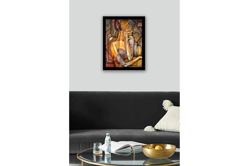 Inramad Canvastavla i trä - 41x56 cm - Abstrakt porträtt av en kvinna med geometriska former - Guld / Brunt / Beige - Inredning & dekor - Tavlor & konst