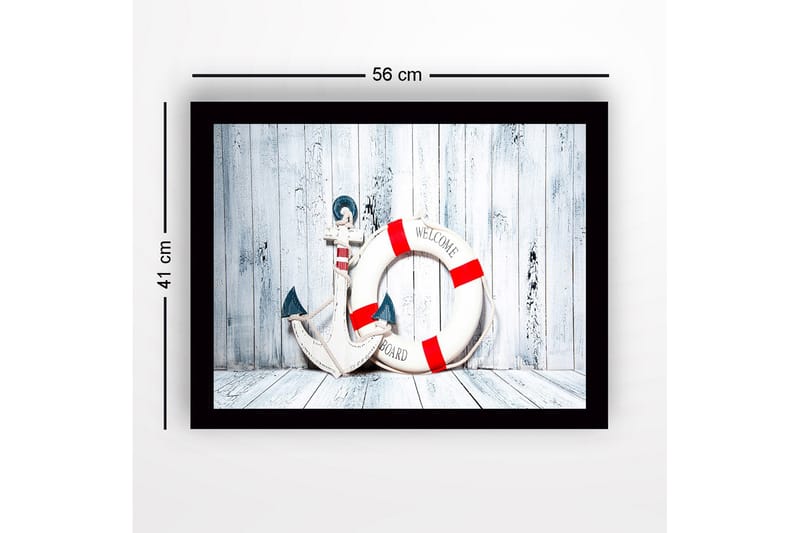 Inramad Canvastavla i trä - 41x56 cm - Ankar och livboj med välkomnande budskap - Vit / Röd / Blå - Inredning & dekor - Tavlor & konst