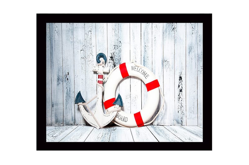 Inramad Canvastavla i trä - 41x56 cm - Ankar och livboj med välkomnande budskap, Vit / Röd / Blå