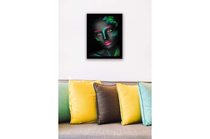 Inramad Canvastavla i trä - 41x56 cm - Ansikte med färgglad ansiktsmålning i kontrasterande nyanser - Svart / Grön / Rosa - Inredning & dekor - Tavlor & konst
