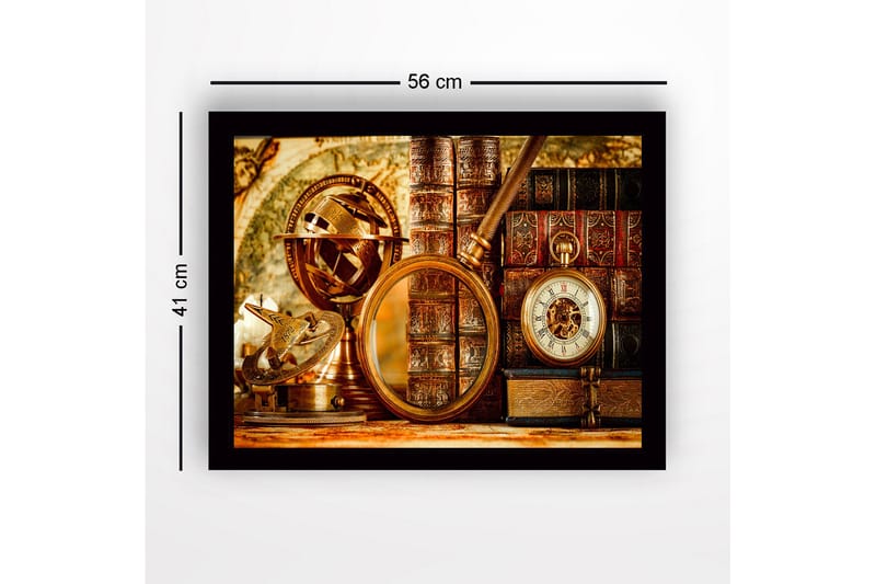 Inramad Canvastavla i trä - 41x56 cm - Antik samling av navigationsinstrument och böcker - Guld / Brunt / Svart - Inredning & dekor - Tavlor & konst