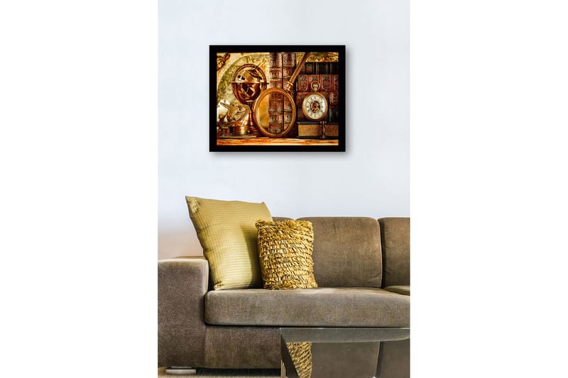 Inramad Canvastavla i trä - 41x56 cm - Antik samling av navigationsinstrument och böcker - Guld / Brunt / Svart - Inredning & dekor - Tavlor & konst