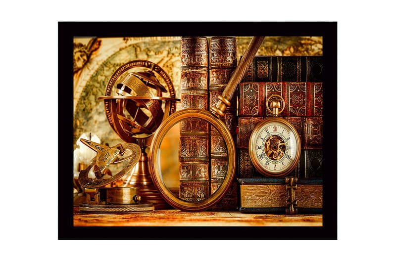 Inramad Canvastavla i trä - 41x56 cm - Antik samling av navigationsinstrument och böcker - Guld / Brunt / Svart - Inredning & dekor - Tavlor & konst