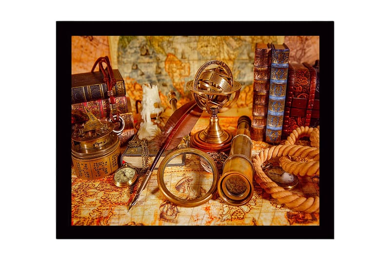 Inramad Canvastavla i trä - 41x56 cm - Antik samling av navigationsverktyg och böcker - Guld / Brun / Beige - Inredning & dekor - Tavlor & konst