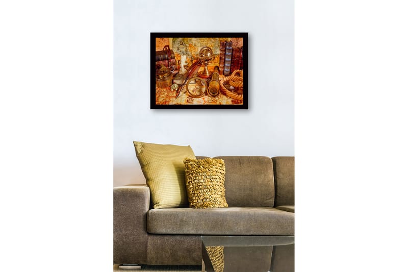 Inramad Canvastavla i trä - 41x56 cm - Antik samling av navigationsverktyg och böcker - Guld / Brun / Beige - Inredning & dekor - Tavlor & konst