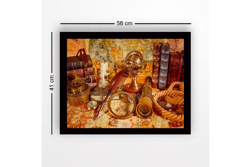 Inramad Canvastavla i trä - 41x56 cm - Antik samling av navigationsverktyg och böcker - Guld / Brun / Beige - Inredning & dekor - Tavlor & konst