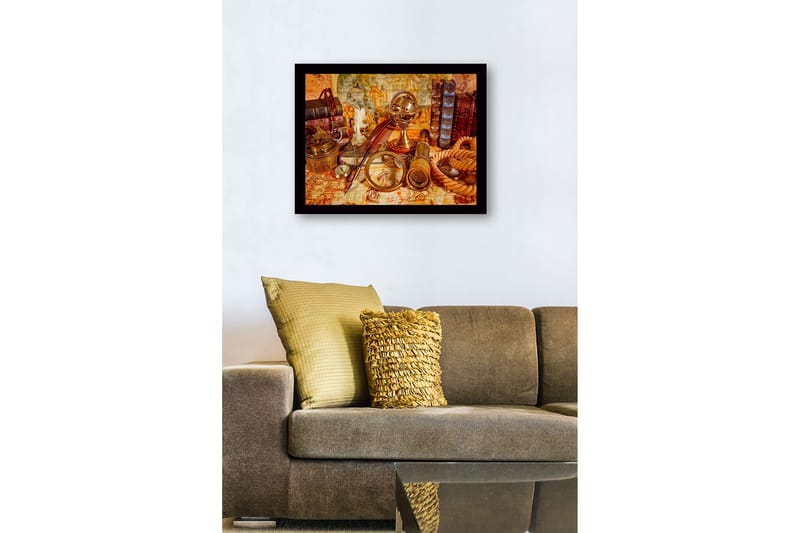 Inramad Canvastavla i trä - 41x56 cm - Antik samling av navigationsverktyg och böcker - Guld / Brun / Beige - Inredning & dekor - Tavlor & konst