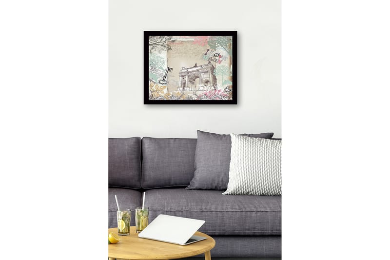 Inramad Canvastavla i trä - 41x56 cm - Arkitekturmotiv av en triumfbåge med blommiga detaljer och texten I love Milan - Pastellgrön / Rosa / Beige - Inredning & dekor - Tavlor & konst