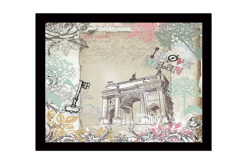 Inramad Canvastavla i trä - 41x56 cm - Arkitekturmotiv av en triumfbåge med blommiga detaljer och texten I love Milan - Pastellgrön / Rosa / Beige - Inredning & dekor - Tavlor & konst