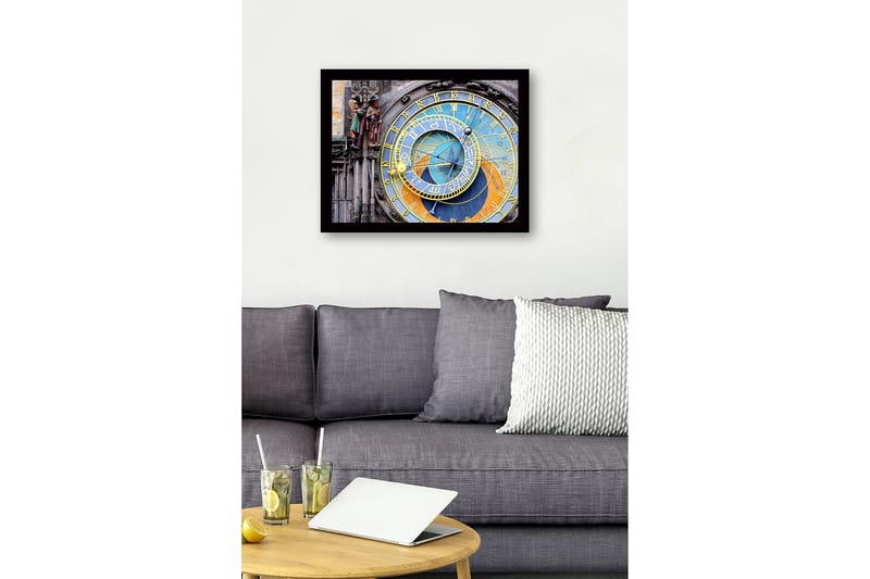 Inramad Canvastavla i trä - 41x56 cm - Astronomisk klocka med detaljerade cirklar och symboler - Guld / Blå / Orange - Inredning & dekor - Tavlor & konst