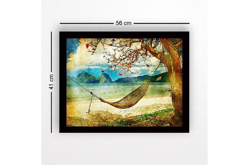 Inramad Canvastavla i trä - 41x56 cm - Avkopplande hängmatta under ett träd vid stranden med berg i bakgrunden - Blå / Grön / Beige - Inredning & dekor - Tavlor & konst