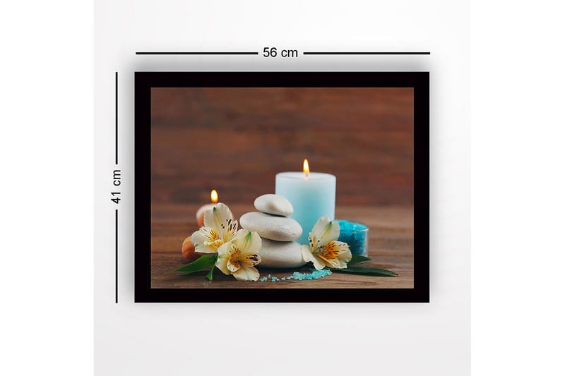 Inramad Canvastavla i trä - 41x56 cm - Avkopplande stillhet med stenar, blommor och ljus - Ljusblå / Vit / Grön - Inredning & dekor - Tavlor & konst