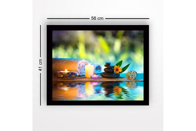 Inramad Canvastavla i trä - 41x56 cm - Avkopplande stillhet med stenar, ljus och en blomma - Grön / Blå / Beige - Inredning & dekor - Tavlor & konst