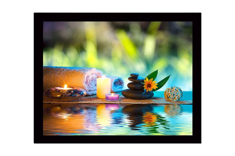 Inramad Canvastavla i trä - 41x56 cm - Avkopplande stillhet med stenar, ljus och en blomma, Grön / Blå / Beige