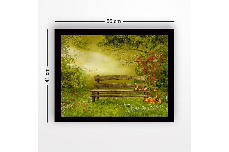 Inramad Canvastavla i trä - 41x56 cm - Bänk i en grönskande trädgård omgiven av blommor och fjärilar - Grön / Brun / Gul - Inredning & dekor - Tavlor & konst