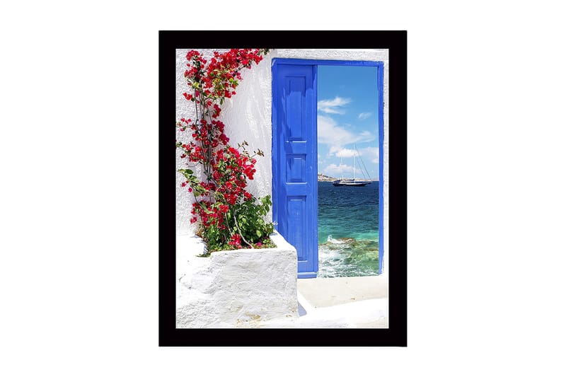 Inramad Canvastavla i trä - 41x56 cm - Blå dörr med blommor i rött framför havsutsikt - Blå / Röd / Vit - Inredning & dekor - Tavlor & konst