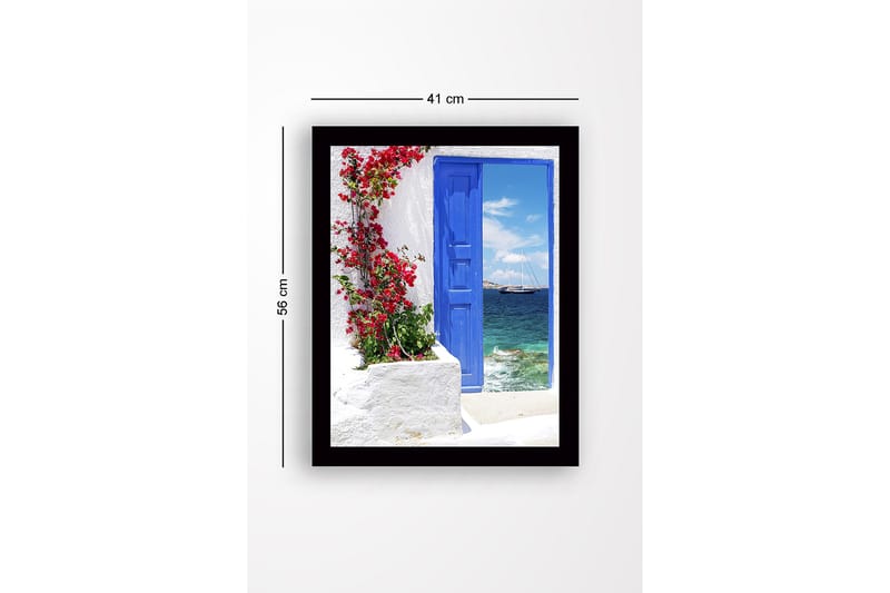 Inramad Canvastavla i trä - 41x56 cm - Blå dörr med blommor i rött framför havsutsikt - Blå / Röd / Vit - Inredning & dekor - Tavlor & konst