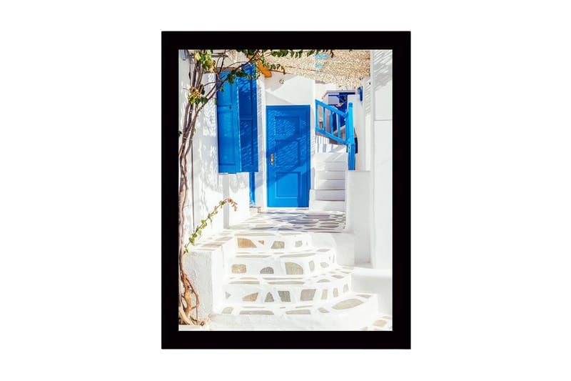 Inramad Canvastavla i trä - 41x56 cm - Blå dörrar och trappor i en vitkalkad gränd - Blå / Vit - Inredning & dekor - Tavlor & konst