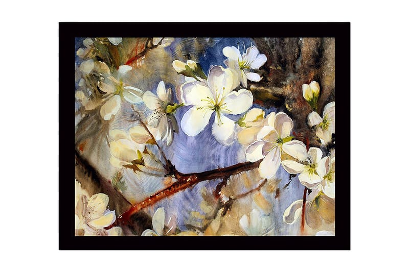 Inramad Canvastavla i trä - 41x56 cm - Blommande körsb ärsgrenar i mjuka pastellfärger, Vit / Ljusblå / Grön