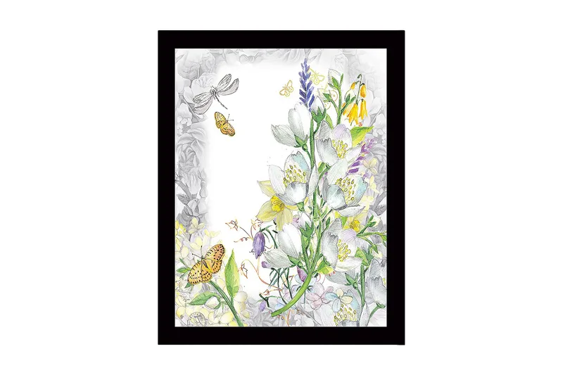 Inramad Canvastavla i trä - 41x56 cm - Blommig komposition med fjärilar och insekter, Vit / Gul / Grön