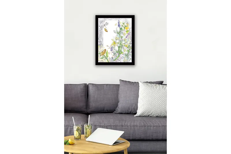 Inramad Canvastavla i trä - 41x56 cm - Blommig komposition med fjärilar och insekter - Vit / Gul / Grön - Inredning & dekor - Tavlor & konst