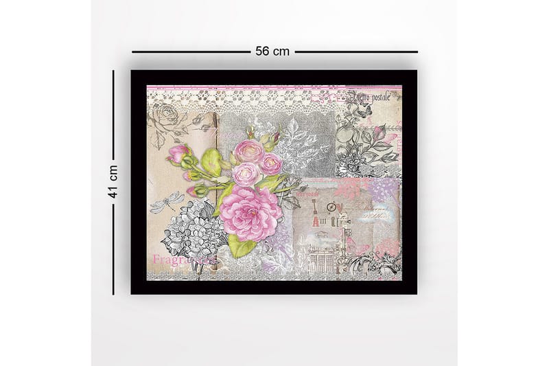 Inramad Canvastavla i trä - 41x56 cm - Blommig komposition med rosa rosor och detaljer i vintage-stil - Rosa / Grå / Beige - Inredning & dekor - Tavlor & konst