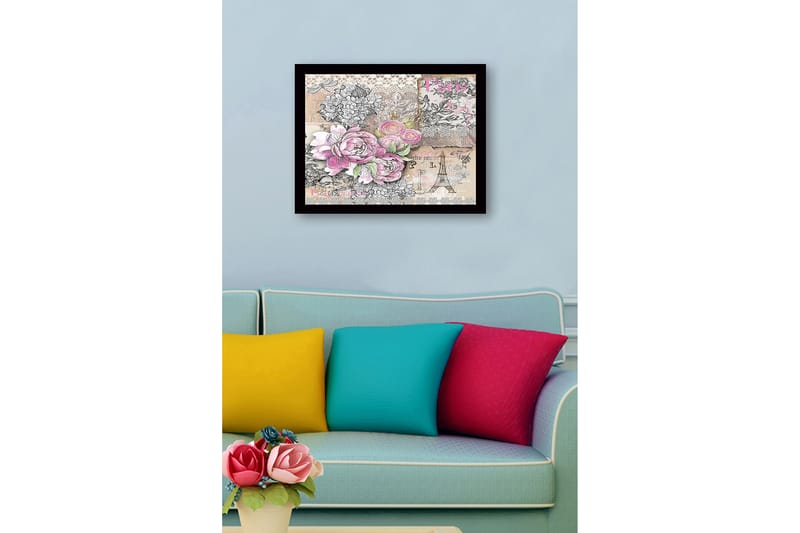 Inramad Canvastavla i trä - 41x56 cm - Blommig komposition med rosor och vintage-element - Rosa / Grå / Beige - Inredning & dekor - Tavlor & konst