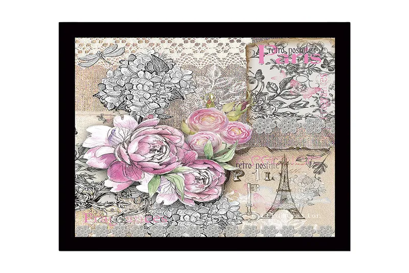 Inramad Canvastavla i trä - 41x56 cm - Blommig komposition med rosor och vintage-element, Rosa / Grå / Beige