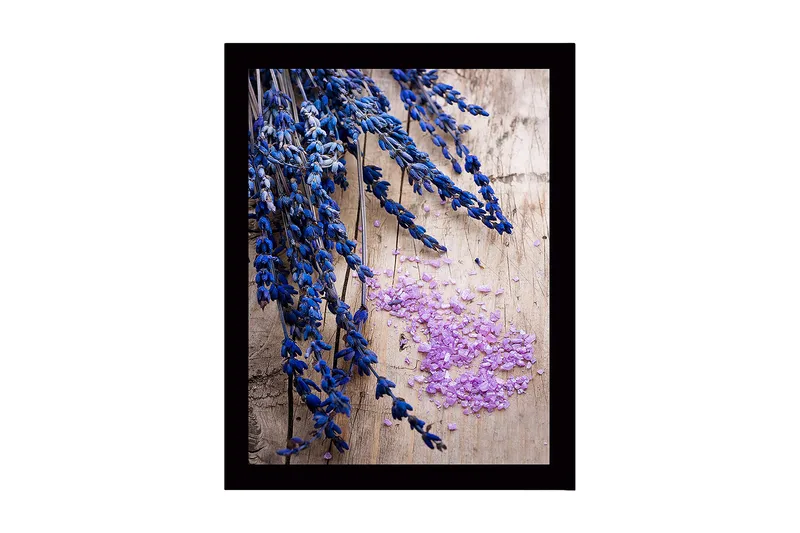 Inramad Canvastavla i trä - 41x56 cm - Blommor av lavendel med rosa saltkristaller, Blå / Lila