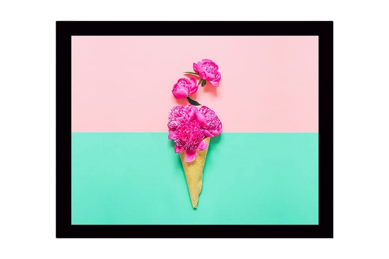 Inramad Canvastavla i trä - 41x56 cm - Blommor i en glasskon som står mot en färgglad bakgrund, Rosa / Grön / Gul