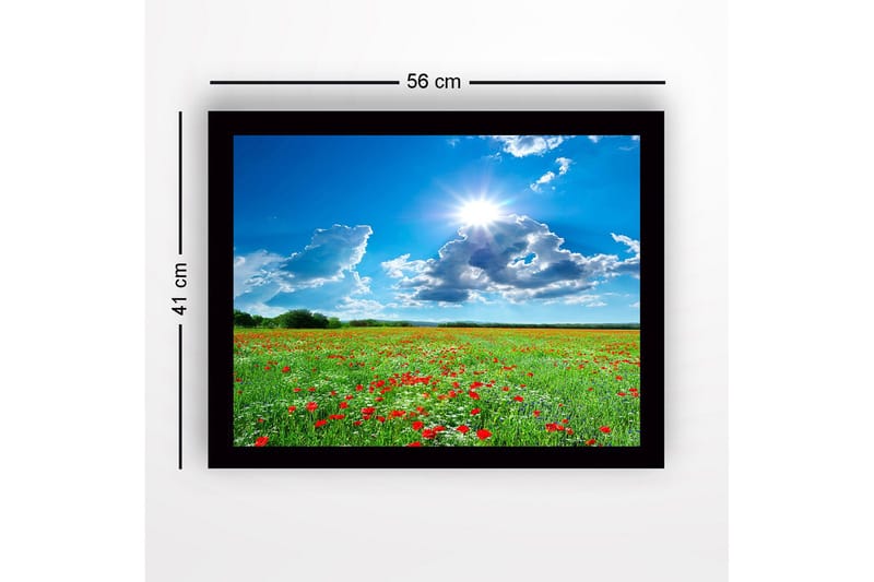 Inramad Canvastavla i trä - 41x56 cm - Blomstrande äng med röda vallmo och vita blommor under en klarblå himmel - Grön / Röd / Vit - Inredning & dekor - Tavlor & konst