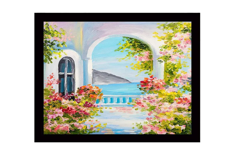 Inramad Canvastavla i trä - 41x56 cm - Blomstrande balkong med havsutsikt, Rosa / Grön / Blå