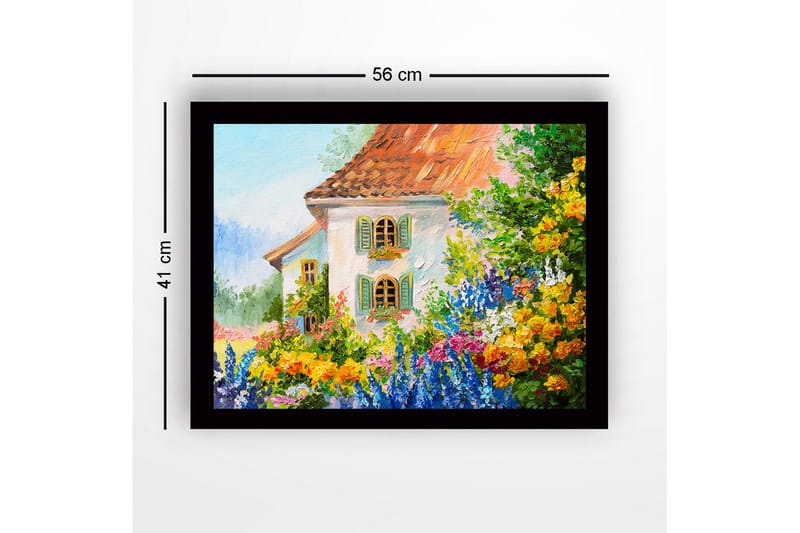 Inramad Canvastavla i trä - 41x56 cm - Blomstrande trädgård med ett charmigt hus - Grön / Orange / Blå - Inredning & dekor - Tavlor & konst