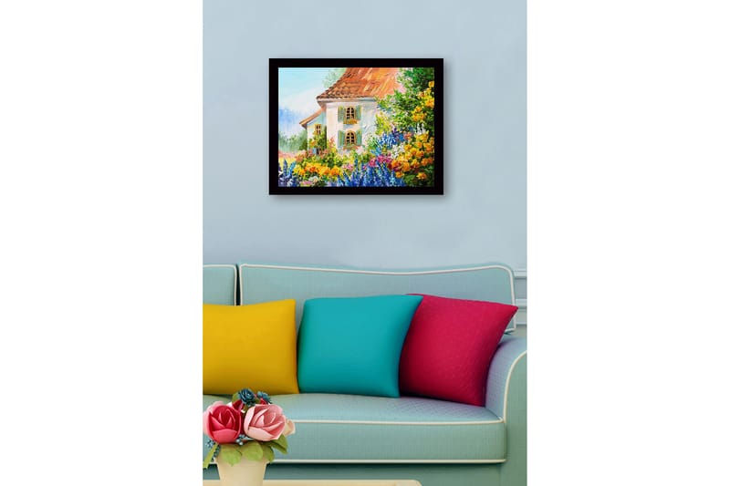 Inramad Canvastavla i trä - 41x56 cm - Blomstrande trädgård med ett charmigt hus - Grön / Orange / Blå - Inredning & dekor - Tavlor & konst