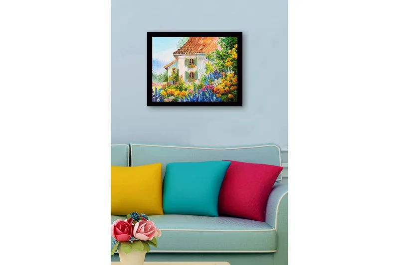 Inramad Canvastavla i trä - 41x56 cm - Blomstrande trädgård med ett charmigt hus - Grön / Orange / Blå - Inredning & dekor - Tavlor & konst