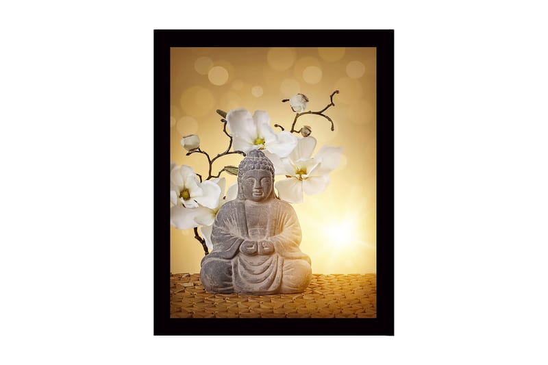 Inramad Canvastavla i trä - 41x56 cm - Buddha-statyn omgiven av vita magnolior, Grå / Vit / Gul