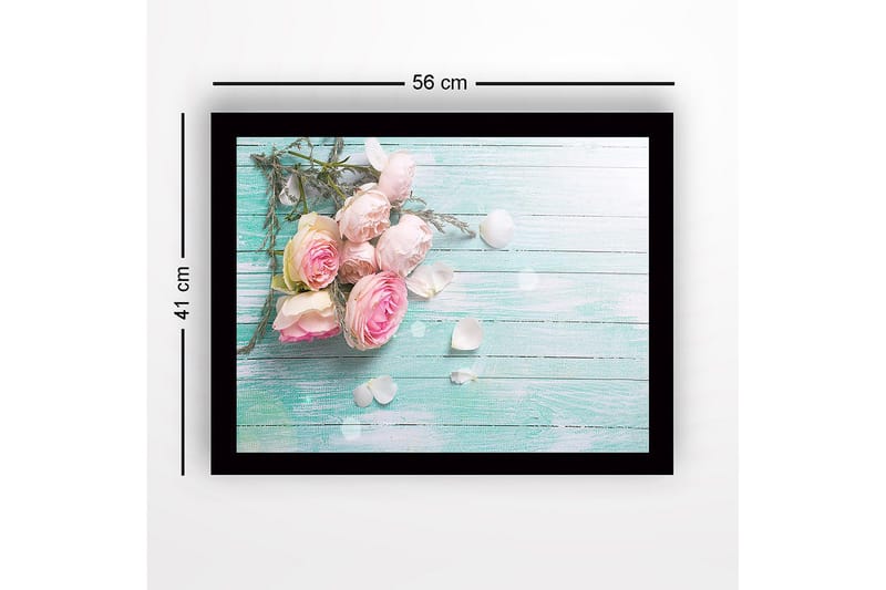 Inramad Canvastavla i trä - 41x56 cm - Bukett av rosa rosor med blad och kronblad på en ljusgrön bakgrund - Rosa / Ljusgrön / Vit - Inredning & dekor - Tavlor & konst