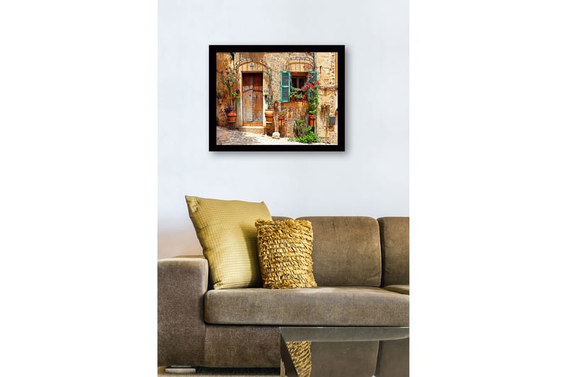 Inramad Canvastavla i trä - 41x56 cm - Charmig husfasad med blomsterdekorationer och gröna fönsterluckor - Terrakotta / Grön / Beige - Inredning & dekor - Tavlor & konst