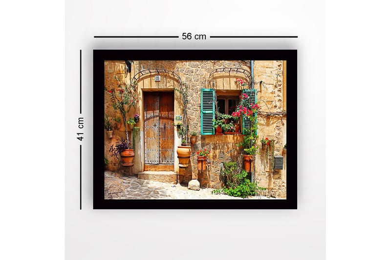 Inramad Canvastavla i trä - 41x56 cm - Charmig husfasad med blomsterdekorationer och gröna fönsterluckor - Terrakotta / Grön / Beige - Inredning & dekor - Tavlor & konst