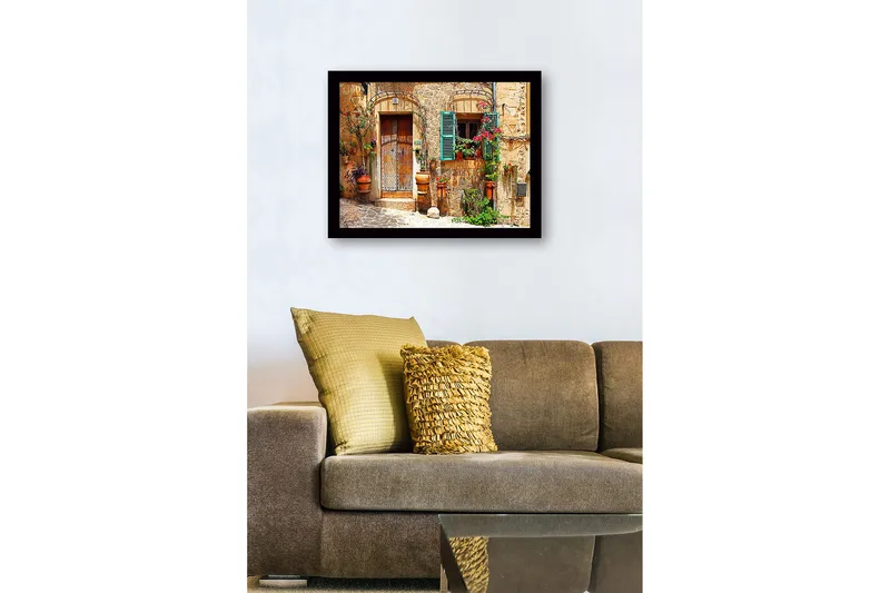 Inramad Canvastavla i trä - 41x56 cm - Charmig husfasad med blomsterdekorationer och gröna fönsterluckor - Terrakotta / Grön / Beige - Inredning & dekor - Tavlor & konst