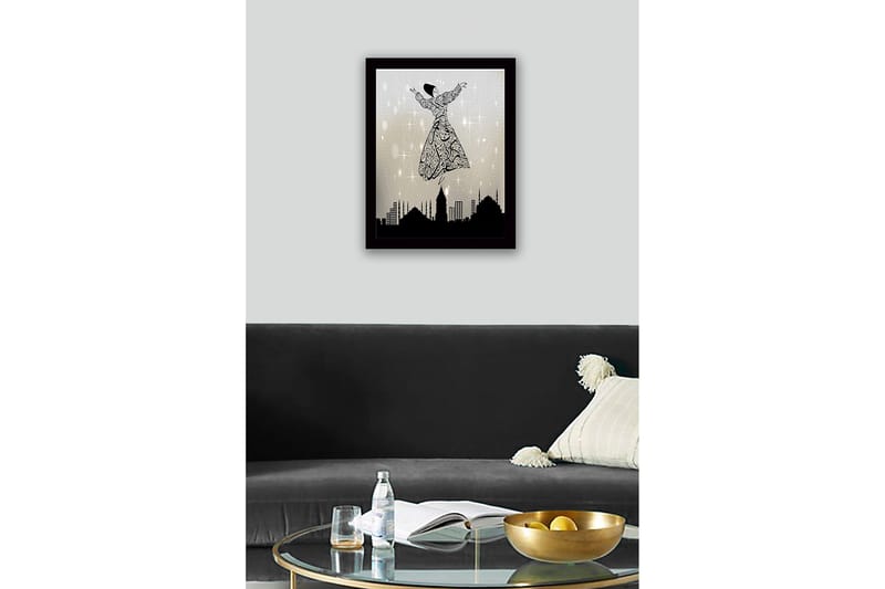 Inramad Canvastavla i trä - 41x56 cm - Dansande figur i en utsmyckad klänning som svävar över en stadssilhuett - Svart / Grå / Vit - Inredning & dekor - Tavlor & konst