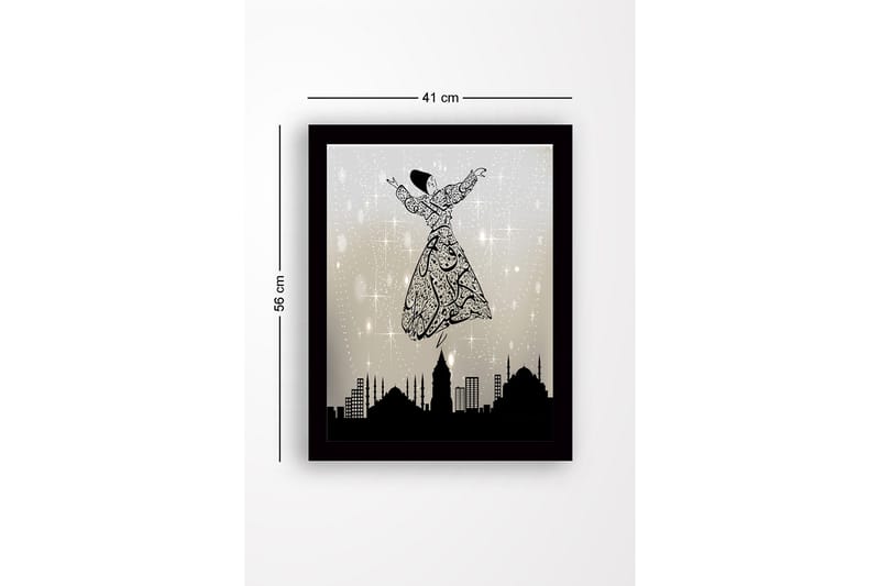 Inramad Canvastavla i trä - 41x56 cm - Dansande figur i en utsmyckad klänning som svävar över en stadssilhuett - Svart / Grå / Vit - Inredning & dekor - Tavlor & konst