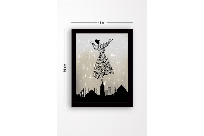 Inramad Canvastavla i trä - 41x56 cm - Dansande figur i en utsmyckad klänning som svävar över en stadssilhuett - Svart / Grå / Vit - Inredning & dekor - Tavlor & konst