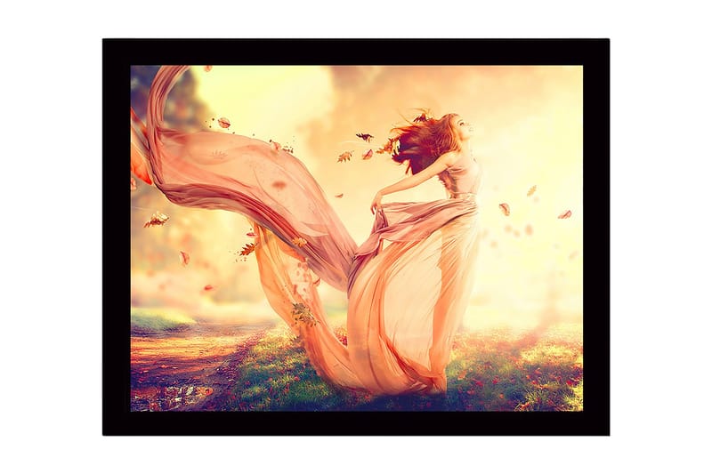 Inramad Canvastavla i trä - 41x56 cm - Dansande kvinna i en flödande klänning omgiven av höstlöv - Ljusrosa / Orange / Guld - Inredning & dekor - Tavlor & konst