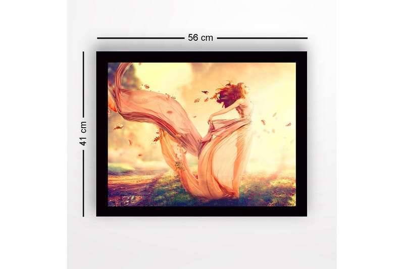 Inramad Canvastavla i trä - 41x56 cm - Dansande kvinna i en flödande klänning omgiven av höstlöv - Ljusrosa / Orange / Guld - Inredning & dekor - Tavlor & konst